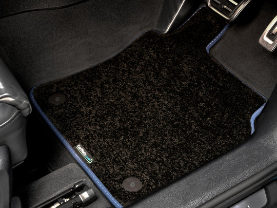 Tesla Model Y 2022-2025 Car Mats // Black Elite, Dark Blue White Stitch Trim, No Heelpad