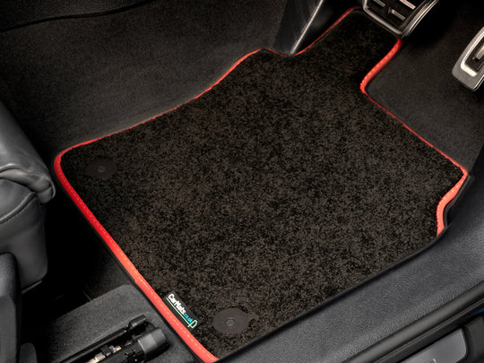 Mazda 3 2013-2019 Car Mats // Black Elite, Red White Stitch Trim, No Heelpad