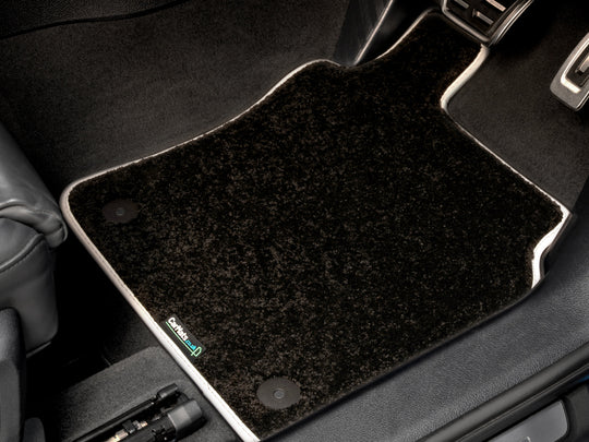 Tesla Model Y 2022-2025 Car Mats // Black Elite, White Trim, No Heelpad