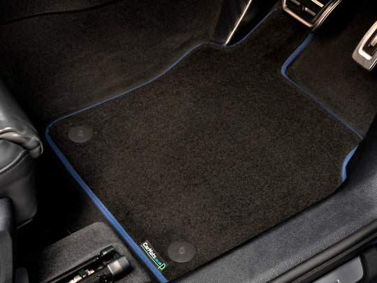 BMW i5 2023+ Car Mats // Black Executive, Dark Blue Trim, Carpet Heelpad