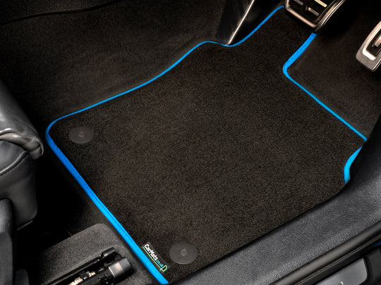 Volkswagen Golf Mk8 2019+ Car Mats // Black Executive, Light Blue Trim, No Heelpad