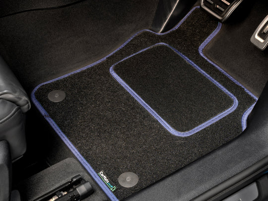 Peugeot 208 Hybrid 2024+ Car Mats // Black Grand, Blue Trim, Carpet Heelpad
