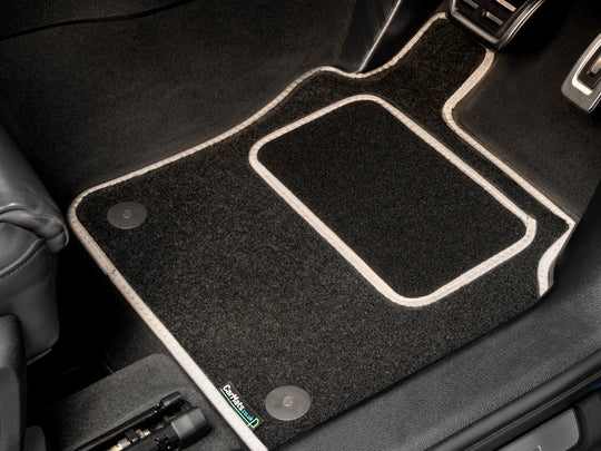Volkswagen Polo 2018+ Car Mats // Black Grand, Grey Trim, PVC Heelpad