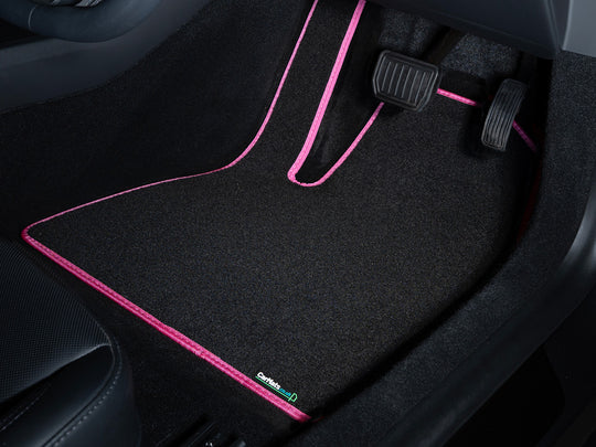 Audi A1 2019+ Car Mats // Black Grand, Pink Trim, No Heelpad