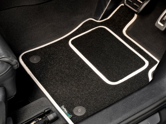 Audi A3 & S3 Sportback 5dr 2012-2020 (8 Clips) Car Mats // Black Grand, White Trim, PVC Heelpad