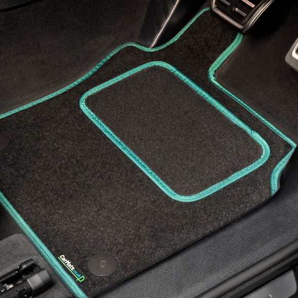 Fiat 500C 2012+ Car Mats // Black Motor, Green Trim, PVC Heelpad