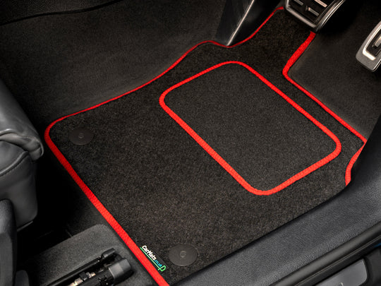 Hyundai Kona Hybrid (SX2) 2024+ Car Mats // Black Motor, Red Trim, Carpet Heelpad