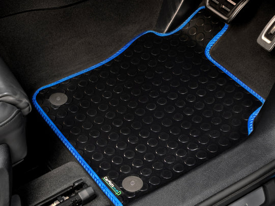 Ford Focus Mk3 2015-2018 Car Mats // Black Off Road Rubber, Blue Trim, No Heelpad