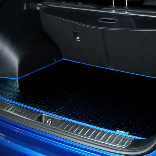 Tesla Model Y 2022-2025 Boot Mat // Black Off Road Rubber, Blue Trim