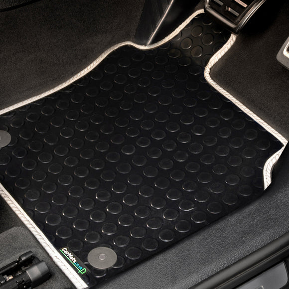 Land Rover Range Rover Evoque Auto 2019+ Car Mats (8 clips) // Black Off Road Rubber, White Trim, No Heelpad