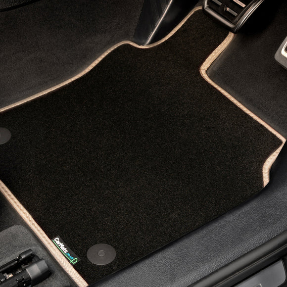 Audi A3 Hybrid 2020+ Car Mats // Black Super, Beige Trim, Carpet Heelpad