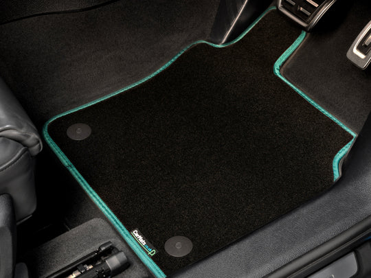 MINI 2014-2024 (F55) 5 Door Car Mats // Black Super, Green Trim, PVC Heelpad